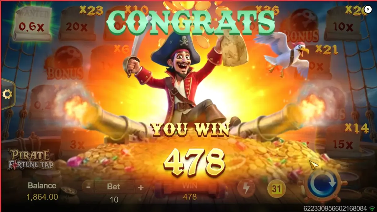 Tampilan layar permainan Pirate Fortune Tap dengan tema bajak laut dan meriam