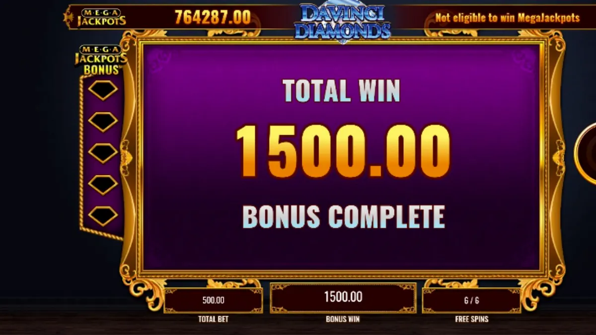 Tampilan visual slot Mega Jackpot DaVinci Diamonds dengan simbol lukisan dan berlian